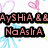 A static buddy icon with pink text reading "AySHiA && NaAsIrA" over a white background with faint blue and purple heart shapes.