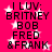 A static image with a bright pink background featuring white star shapes and black text reading "I LUV: BRITNEY BOB FRED &FRANK" in a pixelated font.