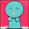 A cyan cartoon figure with closed eyes and an orange mouth stands against a pink background, shifting its arms between two positions.