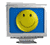 A 4x3 contact sheet of a computer monitor animation showing a yellow smiley face on a blue screen rotating through multiple angles against a gray background.