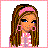 Pixel art contact sheet showing four frames of a cartoon girl character with brown hair, pink accessories, and blue jeans in various poses including full-body, upper body, lower body, and text display.