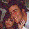A split-screen image with a pixelated photo of two people on the left and stylized text on the right.