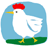 Static pixel art of a white chicken with red comb, yellow beak and feet, standing on green ground against light blue background.