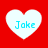 Four white heart shapes on a red background, each containing the text "Joke" in light blue pixelated font.