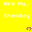 Yellow background with white text 'He's My... Sharkboy' repeated in a , purple heart symbols appear and disappear at specific positions