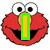 Red Sesame Street character with large eyes and green-yellow nose, blue and yellow text reading "Love" beside a smaller version of the character.
