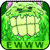 A pixelated green icon featuring a cartoonish creature with large eyes and pink accents, holding a grid-like object against a solid green background.