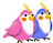 Two pixelated cartoon birds in a contact sheet showing frame-to-frame animation changes, with pink and blue plumage on the left bird and blue and pink plumage on the right bird against a gray background.