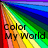 A static pixelated image displays a rainbow gradient background with bold black text reading 'color my world' in lowercase letters.