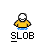 Pixel art character in yellow shirt and blue pants with white hair, standing under 'SLOB' text, showing sequential animation frames of hand gestures and particle effects.