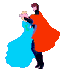 Animated sequence of two figures dancing in a stylized, pixelated art style with red and blue clothing against a gray background.