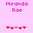 Pixelated pink text 'Miranda Rae' above red and pink heart icons on a light pink background.