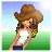 A 3x3 grid of pixel art frames showing a cartoon cowgirl character with brown hair and cowboy hat, wearing a white tank top and blue jeans, in various poses against a green field and light blue sky background.