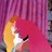 A pixelated figure with orange hair and yellow clothing stands against a pink and purple striped background, holding a black object near its face.