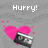 Pixelated animation with pink hearts and a cassette tape, displaying sequential text 'Hurry!', 'lets', and 'go' over gray background.