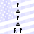 Pixelated vertical sequence of black letters 'P', 'A', and 'RIP' on light blue striped background with white dots.
