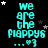 Cyan text reading "we are the piappys ... :3" on black background with scattered white and gray stars, arranged in a of four and three