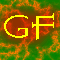 Yellow capital letters on a green and orange pixelated background with a gray rectangle in the bottom-right corner.
