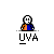 Pixelated character with white face and orange-blue torso appears in four variations: two with speech bubbles reading WOO! and GO CAVS!, one with crossed hockey sticks, and all with UVA text below.