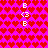 A static pixel art image with a bright pink background covered in repeating red heart shapes, featuring white text and symbols arranged symmetrically.