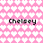 Pink background with white heart pattern and black text 'Chelsey' repeated four times in pixelated font.