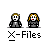 Pixel art of two figures in dark suits with red mouths, one with long hair, the other with short hair, with a yellow dog-like creature appearing and moving around them.