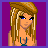 Pixel art contact sheet of a 6-frame animated buddy icon featuring a cartoon woman with blonde hair, green top, red bikini bottom, and brown boots across different frames showing partial body views and text overlays.