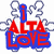 A pixelated icon with red text 'ALTA LOVE' on blue background, surrounded by white puzzle-piece outlines; later frames show variations including 'SKING' and standalone 'ALTA'.