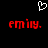 A black background displays a white pixelated heart symbol above two red pixelated text instances reading 'emily.' with periods.