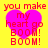 Yellow background with four identical pink heart icons containing red text reading 'you make my heart go BOOM! BOOM!' in pixelated font.