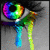 A pixelated icon features a rainbow-colored circular shape with green, blue, purple, and red segments connected to two vertical stems—one cyan-blue, one yellow-green—against a gray background.
