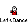 Animated contact sheet of a pixel art character in red clothing dancing with text "Let's Dance" repeated below each frame on gray background.