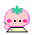 Pixel art contact sheet showing two frames of a pink strawberry-shaped character with green leaves, black eyes, and pink cheeks on a yellow base.