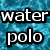 Blue water background with bold white text reading 'water polo is LIFE' in pixelated font.