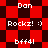 Red and dark red checkered background with white text reading 'Dan', 'Rockz! :)', and 'bff4l' in pixelated font