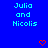 Blue background with repeated light blue text "Julia and Nicolis" in three , each containing six instances of the text. Red pixelated hearts appear between
