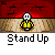 Animated contact sheet of a yellow stick figure character standing on a wooden platform against a red background with black cracks, displaying various speech bubbles and animation effects across 18 frames.