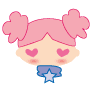 Pixelated cartoon head with pink hair in two pigtails, heart-shaped eyes, and a blue star-shaped accessory on a light background.
