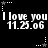 Black background with white pixelated text 'I love you' and '11.25.06' repeated across four , each with a star outline that alternates between solid and dotted states