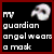 Static pixel art icon with red border, black background, white text reading 'my guardian angel wears a mask', and blurred skull image.
