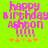 Pixelated birthday message with pink text on bright green background, orange and yellow stars below.