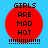 Red circular icon with black text "GIRLS ARE MAD HOT" and dotted line below, on light blue background.