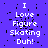 A static image with a purple background displaying white pixelated text reading "I Love Figure Skating Duh!" in two , with black digital noise scattered across the surface