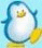 Pixelated icon of a white egg-shaped figure with blue outline, yellow beak-like shape on top, and yellow tail-like extension against light blue background.