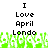 Pixelated text reads "I Love April Londo" above green pixelated grass-like shapes on white background.