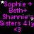 A static image with repeated text in pink and white on a black background, featuring names, symbols, and a gray rectangle.