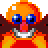 Pixelated character with orange hair, blue eyes, pink nose, and gray teeth against a gray background.