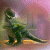 A pixelated green dinosaur stands on a brown ground with a pink and purple sky background, holding a white object in its mouth.