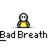 Animated contact sheet of a pixel art character with green breath effects, running motion trails, and repeated text "Bad Breath" across frames.