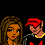 Pixel art of two figures with red text reading 'The day we met' and 'The angels Said... Perfect' on a black background.